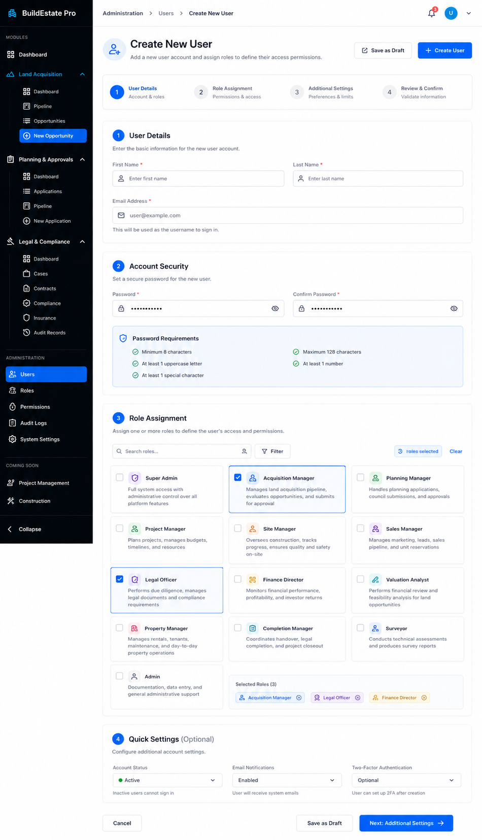 BuildEstate Pro — Create new user modal with role assignment, validation, and department selection